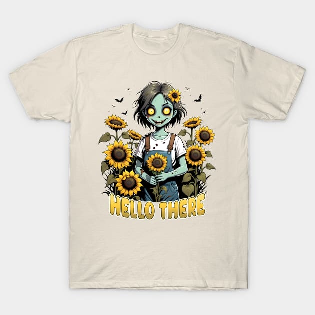 Hello There - Cute Zombie in Sunflowers T-Shirt by ArtfulTat